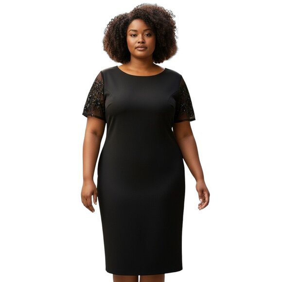 Donna Morgan Black Sheath Cocktail  Dress Size 14 | Embroidered Beaded Sleeves - Picture 7 of 9